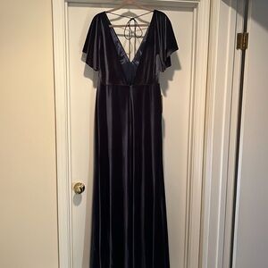 Gorg formal dark blue poly velvet maxi dress from BHLDN. Flutter sleeve deep V.